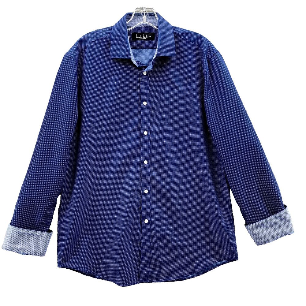 Nicole Miller Dress Shirt Men's M 15-15.5 Blue Polka Dot Flip Cuff Office Preppy
